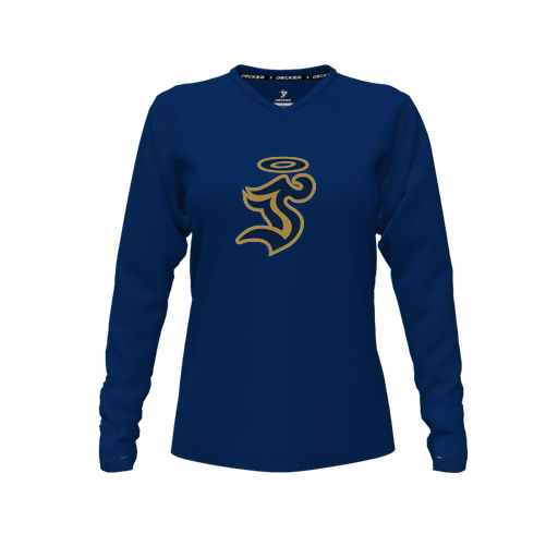 [CUS-DFW-TEES-CMF-VNK-LSL-NVY-FYXS-LOGO1] Decker Comfort T-Shirt (Female Youth XS, Navy, V Neck, Logo 1, Long Sleeve)