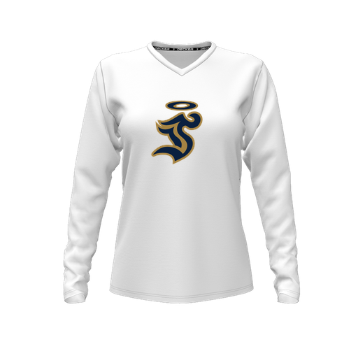 [CUS-DFW-TEES-CMF-VNK-LSL-WHT-FYXS-LOGO1] Decker Comfort T-Shirt (Female Youth XS, White, V Neck, Logo 1, Long Sleeve)
