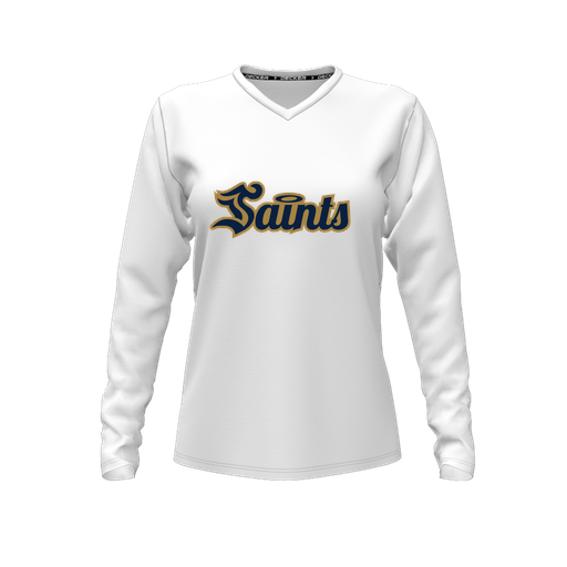[CUS-DFW-TEES-CMF-VNK-LSL-WHT-FYXS-LOGO2] Decker Comfort T-Shirt (Female Youth XS, White, V Neck, Logo 2, Long Sleeve)