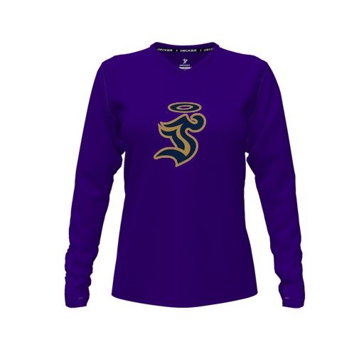 [CUS-DFW-TEES-CMF-VNK-LSL-PUR-FYXS-LOGO1] Decker Comfort T-Shirt (Female Youth XS, Purple, V Neck, Logo 1, Long Sleeve)