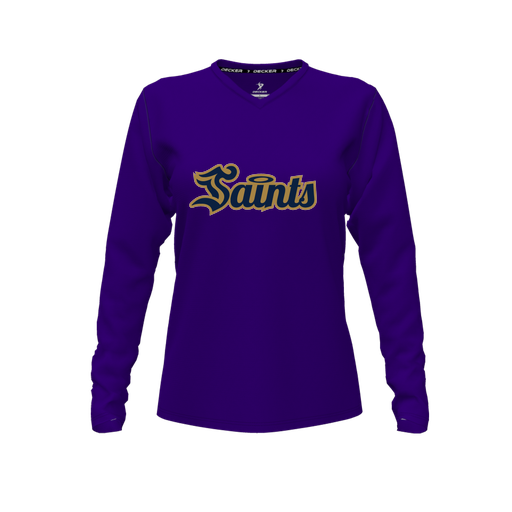 [CUS-DFW-TEES-CMF-VNK-LSL-PUR-FYXS-LOGO2] Decker Comfort T-Shirt (Female Youth XS, Purple, V Neck, Logo 2, Long Sleeve)