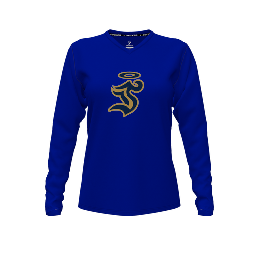 [CUS-DFW-TEES-PER-VNK-LSL-RYL-FYXS-LOGO1] Decker Performance T-Shirt (Female Youth XS, Royal, V Neck, Logo 1, Long Sleeve)