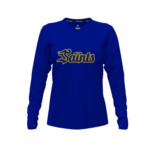 [CUS-DFW-TEES-PER-VNK-LSL-RYL-FYXS-LOGO2] Decker Performance T-Shirt (Female Youth XS, Royal, V Neck, Logo 2, Long Sleeve)